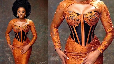 Basque Corset Dress Asoebi, Keyhole Neckline Dress, Corset Lace Gown, Sew Corset, Ankara Corset, How To Make A Corset, Lace Asoebi, Corset Sewing, Sewing Videos