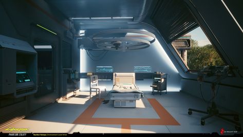 ArtStation - Cyberpunk 2077: Phantom Liberty - Hospital Room, Racibor Kempa Hospital Room, Urban Lighting, Cyberpunk 2077, The Hospital, Cyberpunk, Government, Exterior, Design