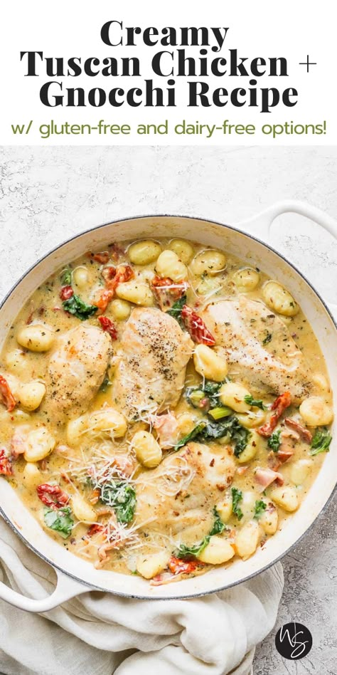 Tuscan Chicken Gnocchi, Chicken And Gnocchi, Wooden Skillet, Gnocchi Dishes, Gluten Free Gnocchi, Creamy Tuscan Chicken, Dairy Free Recipes Dinner, Dairy Free Soup, Chicken Gnocchi