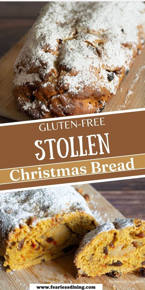 This homemade gluten free German stollen is full of Christmas flavors. For those who are gluten free, missing out on a family traditional recipe might seem disheartening. I am excited to share this new gluten free stollen bread recipe; serve it with breakfast on Christmas morning. Gf Quick Bread Recipes, Gluten Free Norwegian Recipes, Christmas Stollen Bread, Gluten Free Stollen Recipe, Stollen Bread Recipe, Gluten Free Polish Desserts, Gf Bread Recipes Easy, Stolen Bread Recipe, Sourdough Stollen Recipe