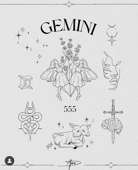 Gemini Angel Tattoo, Zodiac Tattoo Ideas Gemini, Creative Gemini Tattoo, Gemini Piercing, Gemini Flash Tattoo, Fine Line Tattoo Gemini, Gemini Fairy Tattoo, Dainty Gemini Tattoo, Fine Line Gemini Tattoo