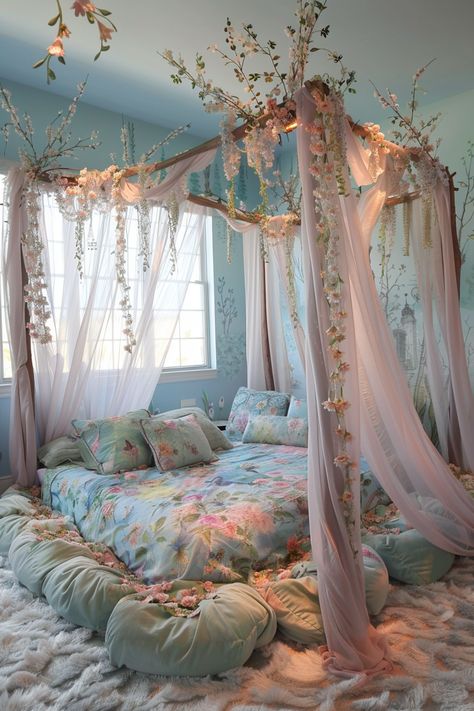 Create Your Dreamy Bedroom Oasis: Whimsical Decor Ideas to Inspire Pink Floral Bedroom Ideas, Canopy Bed Ideas Aesthetic, Blue Fantasy Bedroom, Cozy Pastel Bedroom, Coquette Interior, Dreamy Bedrooms Aesthetic, Bedroom Floral Decor, Whimsical Room Decor, Ethereal Bedroom