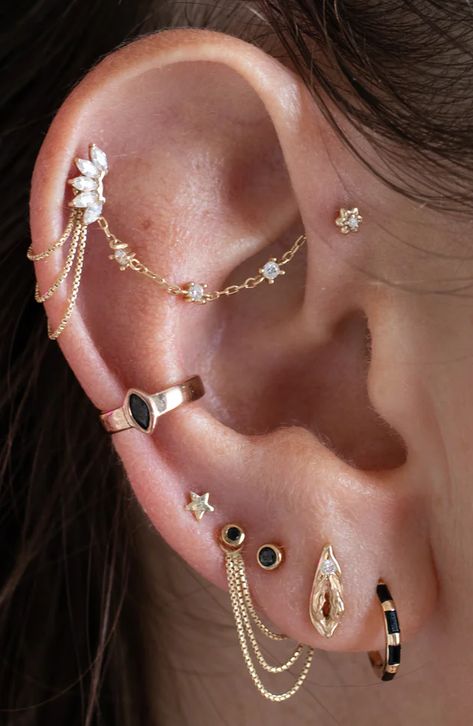 Ear Setup, Multiple Piercings Earrings, New Ear Piercing, Ear Stacking, Earring Stacks, Ear Stacks, Unique Ear Piercings, Ear Peircings, Industrial Piercing Jewelry