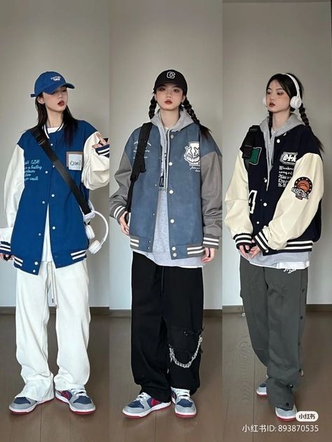 Outfit Inspo Varsity Jacket, Streetwear Fashion Jacket, Outfit With Varsity Jacket, Korean Tomboy Style Outfit, China Streetwear, Casual Tomboy Outfits, Japanese Streetwear Women, Unisex Outfits, Tomboy Outfit Ideas