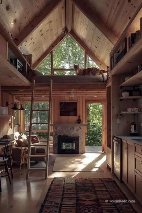 36 Tiny Houses With Fireplaces That Look Amazing (Pictures) House Decor Ideas Living Room, Rustic House Decor Ideas, Tiny House Fireplace, Rustic House Decor, Open Concept House, Escaping Reality, Wood Burners, Small Tiny House, Small Fireplace