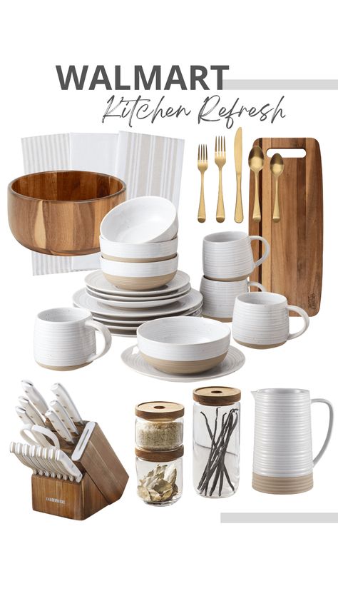 Walmart Neutral Kitchen Refresh - Walmart Finds Beige Kitchen Decor Ideas, Cute Kitchen Dishes, Qvc.com For The Home, Walmart Kitchen Decor, Neutral Kitchen Appliances, Kitchen Dishes Sets Aesthetic, Walmart Home Decor Ideas, Cute Kitchen Things, Neutral Dishware