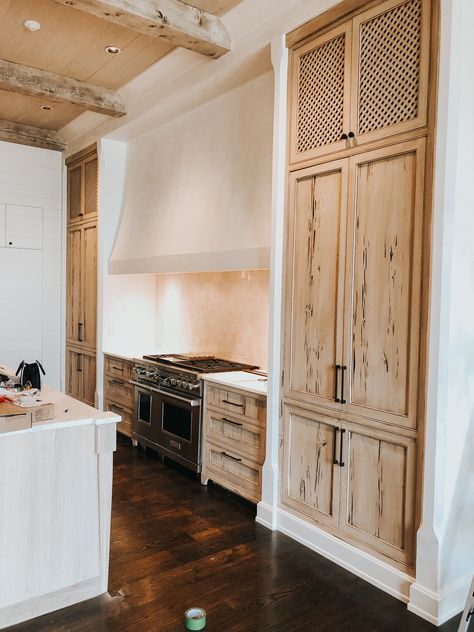 Pecky Cypress Cabinets in Kitchen by MDM Design Studio Cypress Kitchen Cabinets, Pecky Cypress Cabinets Kitchen, Pecky Cypress Kitchen, Pecky Cypress Kitchen Island, Rattan Kitchen Cabinets, Cypress Cabinets, Kitchen With Cypress Cabinets, Pecky Cypress Shelves, Pecky Cypress Paneling