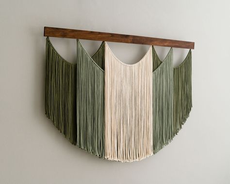 "Elevate your space with our \"Large Fiber Wall Hanging.\" This stunning, trendy wall art combines modern macrame and textile craftsmanship, creating a striking piece of extra-large wall decor. It's the perfect new home gift and a beautiful addition to your living room, embracing the essence of mid-century modern and Scandinavian decor. This Macrame Wall Hanging is 100% handcrafted/ hand woven with Natural Pure Cotton Cord. DETAIL: Dimension: + Size S: 36\"W x 26\"H ~ 90cmW x 65cmH + Size M: 44\ Yarn Hanging Decor, Diy Wall Macrame Hanging, Wall Decoration Boho, Large Entryway Wall Decor, Canvas Hanging Ideas, Wall Makramee, Diy Trendy Wall Art, Decorating With Macrame, Macrame Wall Ideas