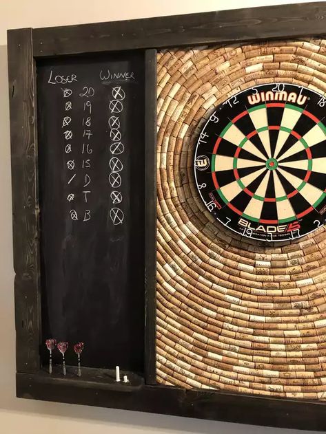 Classy Dart Board, Cork Board Dart Board, Dart Boards Wall, Dart Board Cork Backboard, Dart Board Set Up Ideas, Wedding Dart Board, Backyard Dart Board Ideas, Dart Backboard Ideas, Wine Cork Dart Board Backer Diy