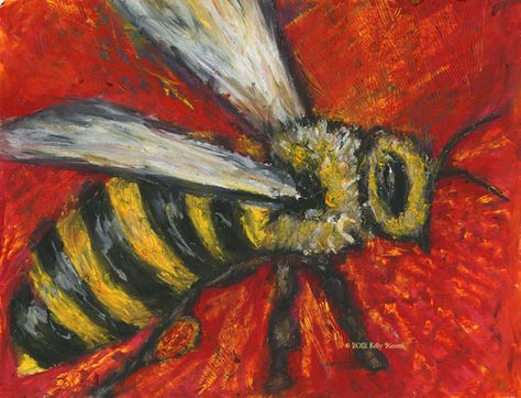 Oil pastel painting of a bee with red-orange pollen baskets Oil Pastel Art Projects, Pastel Art Projects, A Tisket A Tasket, Natural Form Art, Bee Drawing, Middle School Art Projects, Bee Painting, Oil Pastel Paintings, Oil Pastel Art