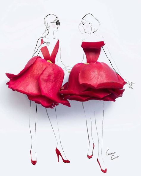 Artist Creates 3D Fashion Illustrations of Floral Dresses Using Real Petals Grace Ciao, Flower Dress Art, Flower Petal Art, Dry Flower, Fashion Illustration Dresses, Fashion Illustration Sketches, Creative Artwork, Cross Paintings, Fashion Design Drawings