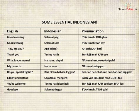 It’s always good to know a few things in all #languages. It keeps you safe and eases your travel. Here’s a helping hand to make sure you have some basic #Indonesian in place. #TravelClinic #ExpectMore #HappinessGuaranteed #SomeEssentialIndonesian #IndonesianLanguage #LanguageLearning #LearnIndonesian #LanguageMatters Indonesian Words, Pranks Pictures, Boyfriend Pranks, Indonesian Language, Learn Language, Boyfriend Pranks Pictures, Language Worksheets, All Languages, World Languages