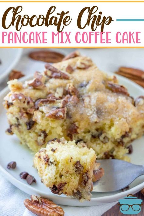 This Chocolate Chip Coffee Cake starts off so easy by using pancake mix with a few extra ingredients. For a snack, breakfast or dessert! Pancake Mix Coffee Cake, Pancake Mix Cake, Chocolate Chip Coffee Cake, Chocolate Chip Pancake, Cake Mix Pancakes, Pancake Mix Recipes, Pancake Cake, Coffee Cake Recipe, Chocolate Chip Cake