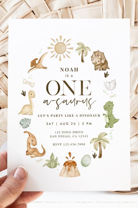 Dinosaur One-a-saurus 1st Birthday Invitation Dinasour 1st Birthday Ideas, Boys 1st Birthday Party Ideas Themes, 1st Birthday Dinosaur Theme, Dinasour Birthday Ideas, Dinasour Birthday, 1st Birthday Party Ideas, 1st Birthday Boy Themes, Boys 1st Birthday Party Ideas, Boy Birthday Party Themes