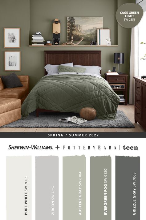 Green Bedroom Colors, Green Bedroom Paint, Light Green Bedrooms, Sage Bedroom, Living Room Ideas Cozy, Green Bedroom Walls, Room Ideas Cozy, Green Wall Color, Green Painted Walls