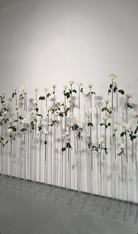 White Flower Party Decor, Minimalistic Party Decor, Floral Stage Design, Floating Flower Backdrop, Wall Of Flowers, Baby Blue Weddings, Champagne Birthday, Wedding Backdrop Design, Flower Installation