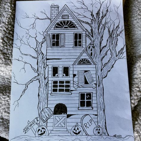 Pen and ink drawing.  Haunted house, halloween Gothic House Drawing Easy, Kawaii, Croquis, Hunted House Drawings Easy, Halloween Drawings House, Drawings Of Haunted Houses, Ghost House Drawing, Haunted House Sketch Easy, Hunted House Draw