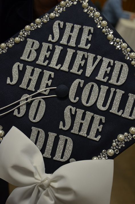 "She believed she could, so she did!" is emblazoned on this graduation cap decoration seen at the commencement ceremonies at Penn State Altoona. Inspiring! Diamond Cap Graduation, Psu Grad Cap, Graduation Cap Designs Inspiration, Graduation Cap Designs Diamonds, Graduation Cap She Believed She Could, She Believed She Could So She Did Graduation Cap, She Believed She Could So She Did Cap, Cap Sayings Graduation, Graduation Cap Designs Silver