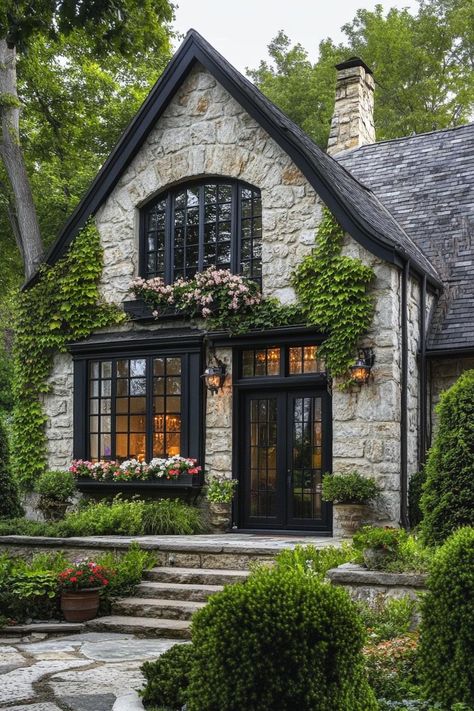 Cottages Design Ideas, House Rock Exterior, Houses With Stone And Siding, Houses With Curb Appeal, Cottage European House, Traditional Modern House Exterior, Tudor Cottage Exterior Color Schemes, Tudor Cottage Floor Plans, Front Porch Exterior Design