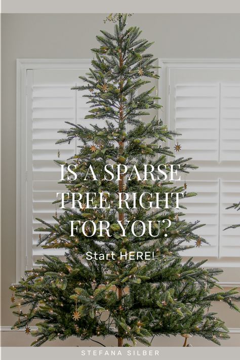 Decorated Sparce Christmas Tree, Different Height Christmas Trees, Spruce Christmas Tree Decorations, Small Pencil Christmas Tree Ideas, Best Slim Artificial Christmas Trees, Farmhouse Vintage Christmas Tree, Christmas Tree Ideas Real Trees, Real Christmas Tree Inspiration, Sparse Christmas Tree Decorating Ideas