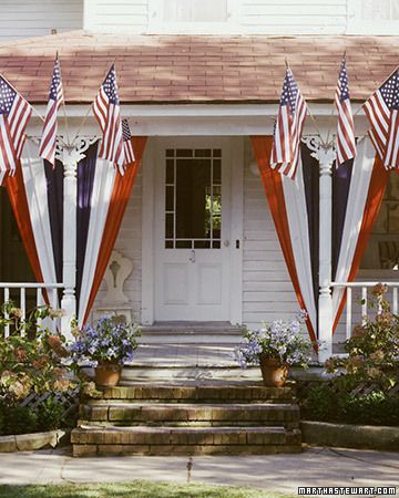 Festive Porch Display America Decorations, Patriotic Porch, Blue Bunting, Fourth Of July Decorations, Happy Birthday America, Independance Day, Fourth Of July Decor, American Flags, 4th Of July Celebration