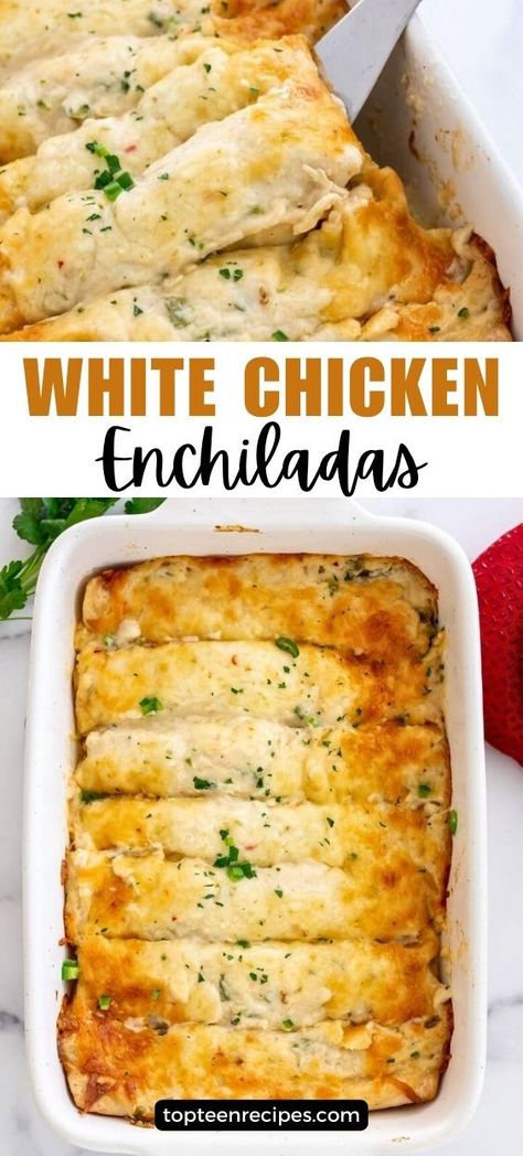 My family loves enchilada night. I’ve made them several ways, but their favorites are white chicken enchiladas. White enchilada sauce is easy to make and the creamy result is delicious. The filling of these chicken enchiladas with white sauce is also delicious. They have red bell pepper, corn, shredded cooked chicken, cheese, and a bit of sauce to hold everything together. Chicken And Enchiladas, White Cheese Enchiladas Easy, Best Chicken Enchiladas With White Sauce, Healthy Creamy Chicken Enchiladas, White Enchiladas Sauce, Creamy White Enchiladas, Easy White Chicken Enchilada Recipe, Easy White Enchiladas Chicken, Creamy Red Enchilada Sauce