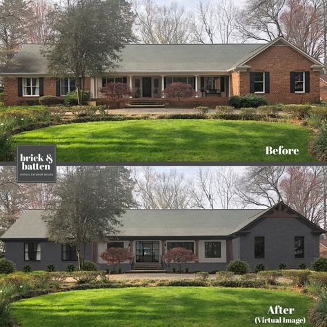 See how brick&batten designers, architects, and graphics turn these traditional ranch homes into absolute stunners..with before & after curb appeal makeovers. According to Zillow, 9 of 10 houses, in the 1950’s and 60’s were ranch style.  As the 80’s hit, people were opting for more square footage; however, the McMansion trend is quickly coming to an end and the 50’s ranches are BACK in a big way. Ranch homes are in high demand and ready to be updated.So let's get started in updating yours! Ranch Style Homes Exterior, Brick Ranch Houses, Garage Extension, Ranch House Exterior, Painted Brick House, Ranch Exterior, Brick Ranch, Home Exterior Makeover, Brick Exterior House