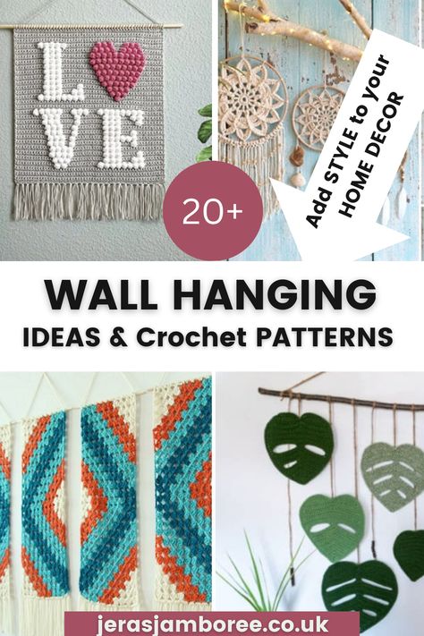 montage of four photos 1) crochet wall hanging spelling out 'love' in bobble stitch 2) boho mandala wall hanging 3) modified granny stitch used to create this stunning wall hanging 4) crochet green leaves are strung from a branch and hung on a wall Crochet Wall Hanging Patterns, Diy Crochet Wall Hanging, Crochet Zig Zag, Crochet Quotes, Boho Crochet Patterns, Crochet Wall Hanging, Crochet Wall Art, Crochet Garden, Wall Hanging Designs