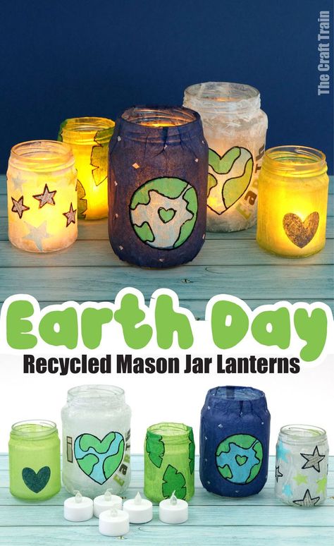 A set of lanterns made from tissue paper for Earth Day Recycled Crafts For Earth Day, Project For Earth Day, Recycled Projects For School Useful, Recycling Projects For School Earth Day, Recycling Decoration Ideas, Earth Day Recycled Crafts, Earth Day Recycle Projects Ideas, Kids Recycle Project, Recycled Kids Crafts