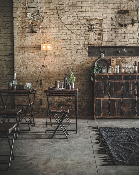 Raw Materials on Instagram: “Our rustic take on a factory inspired bar. We've developed a neat and sociable space full of character. We like to think of it as Raw…” Cafe Desine, Grey Office Furniture, Vintage Industrial Bedroom, Paulina Arcklin, Sofa Bar, Industrial Restaurant, Kursi Bar, Decoration Restaurant, Loft Industrial