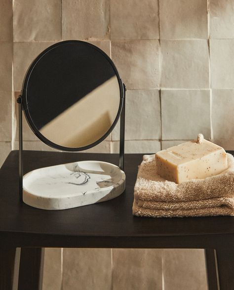 VANITY MIRROR WITH RESIN BASE | Zara Home France Mirrors Bathroom, Shower Toilet, Resin Design, Zara Home, The Mirror, Mirror Frames, States Of America, Vanity Mirror, Bathroom Accessories