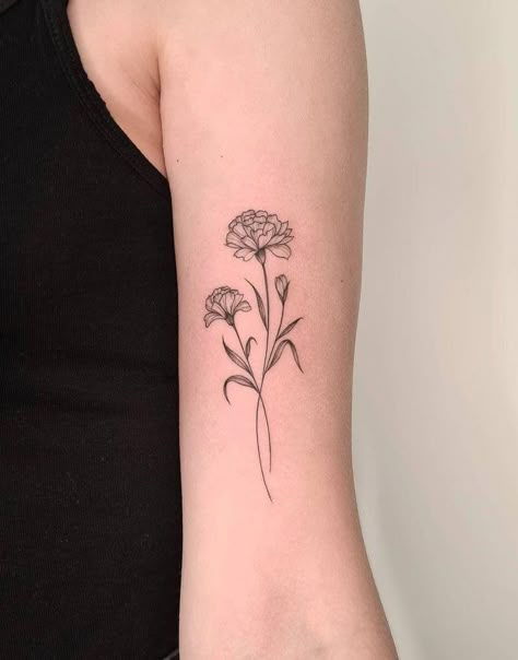 Carnation Tattoos, Lit Tattoos, Birth Flower Tattoo Ideas, Carnation Flower Tattoo, Marigold Tattoo, Carnation Tattoo, Mum Tattoo, Flower Tattoo Ideas, Bouquet Tattoo