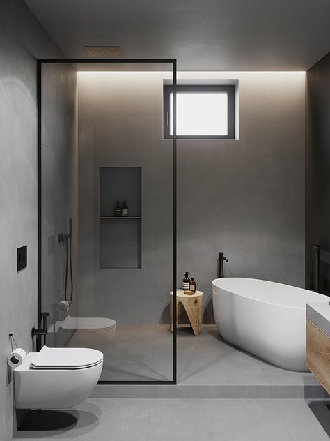 Basic Modern Bathroom, Bath In Bedroom Free Standing, Townhouse Designs Interior, Tub Inside Shower Layout, Bathroom Ideas Modern Contemporary, Bathroom With A Tub, Modern Shower Design, Bathroom Redesign, Bathroom Design Decor