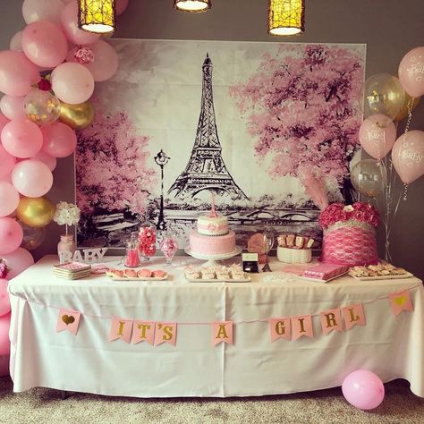 Paris Baby Shower Theme Girl, Paris Themed Baby Shower Ideas, Paris Theme Baby Shower Ideas, Paris Theme Baby Shower, Baby Shower For A Girl, Paris Baby Shower Theme, Girl Baby Shower Cake, Parisian Birthday Party, Parisian Baby Showers