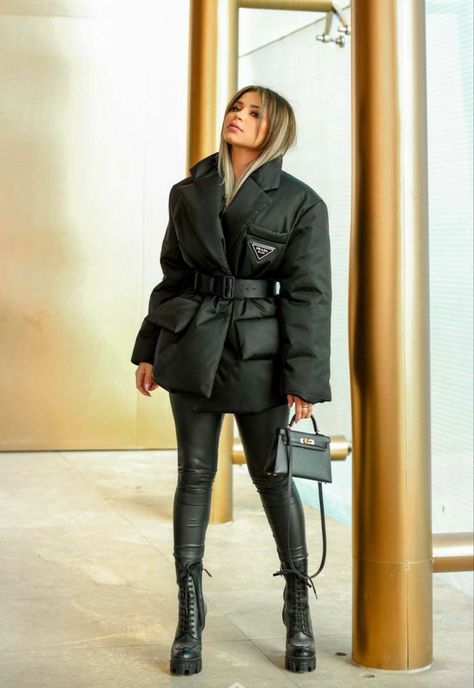 Puffer Bags Aesthetic, Women Puffer Jacket Outfit, Prada Coat Women, Prada Puffer Jacket Outfit, Prada Fashion Outfits, Prada Jacket Women, Prada Winter Jacket, Prada Chunky Boots, Prada Aesthetic Outfit