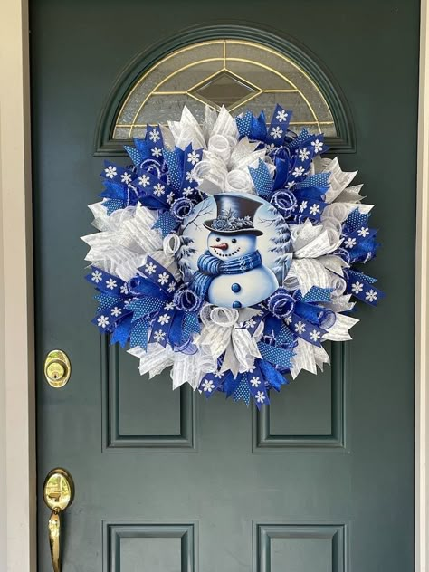 Snowman Mesh Wreaths, Blue Wreath Ideas, Snowman Wreaths For Front Door, Christian Wreaths, Blue And Silver Christmas Wreath, Homemade Door Wreaths, Snowman Mesh Wreath, Homemade Door, Snowman Wreaths