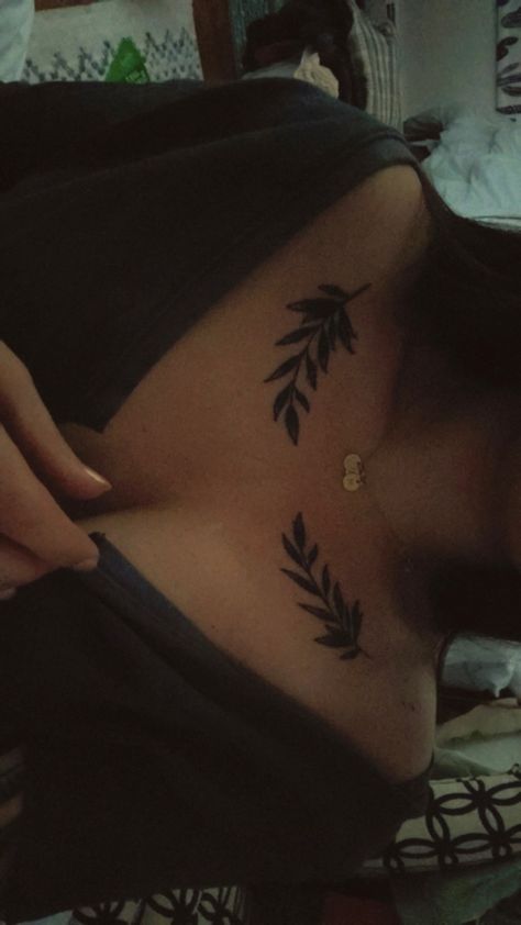 Vine Collar Bone Tattoos For Women, Olive Branch Tattoo On Hip, Silouette Tattoo Women, Vines Chest Tattoo Female, Vine Tattoos Chest, Olive Branch Tattoo Chest, Collarbone Tattoo Both Sides, Chest Leaf Tattoo, Olive Branch Neck Tattoo