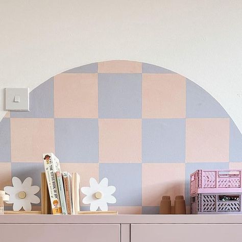 briony ✿ kids decor on Instagram: "☁️ Quinn’s room ☁️ I finallyyyy got round to finishing Quinn’s bedroom 🙌🏻 and I’m now officially on decorating strike for the foreseeable future cos these checkers have ruinedddd me 😂 I’m thinking a neon name light would go perfect in the middle of this arch though, what do you think? 🫶🏻 • • • • #girlsroom #girlsbedroomdecor #kidsroom #kidsdecor #decor #kidsinteriors #check #checkers #checkered #checkeredwall #arch #interior #home #aesthetic #pastel #dopamine #dopaminedecor #pink #homedecor #homesweethome #kidsstyle" Pastel Room Decor Aesthetic, Door Sign Aesthetic, Checkered Wall Bedroom, Paint Kids Room, Pre Teen Bedroom Ideas, Dopamine Decor Bedroom Ideas, Bedroom Wall Painting Ideas Aesthetic, Girls Checkered Bedroom, Kids Bedroom Wall Painting Ideas