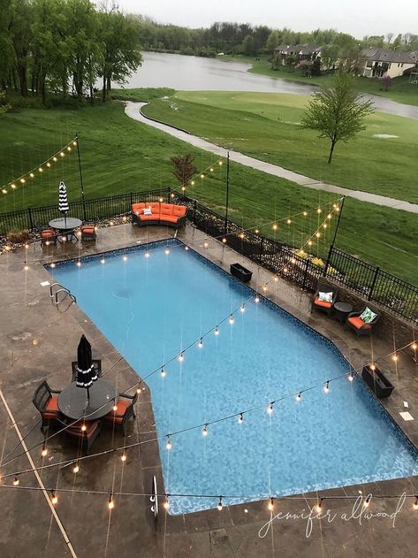 photo shot from above the pool, showing zig zag pattern string lights Outdoor Pool Area Ideas Entertaining, Area Around Pool Ideas, Lights Across Pool, String Lights Around Pool Backyard, Outdoor Lights Around Pool, Narrow Pool Deck Seating, Lights For Pool Area, Bistro Lights Over Pool, Around Pool Decor