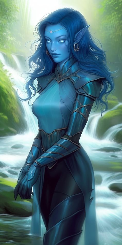 Water Genasi Female Sorcerer, Water Elf Art, Sea Elf Paladin, Water Mage Female, Water Genasi Female Druid, Dnd Triton Female, Water Genasi Paladin, Water Nymph Character Design, Astral Elf Female Dnd