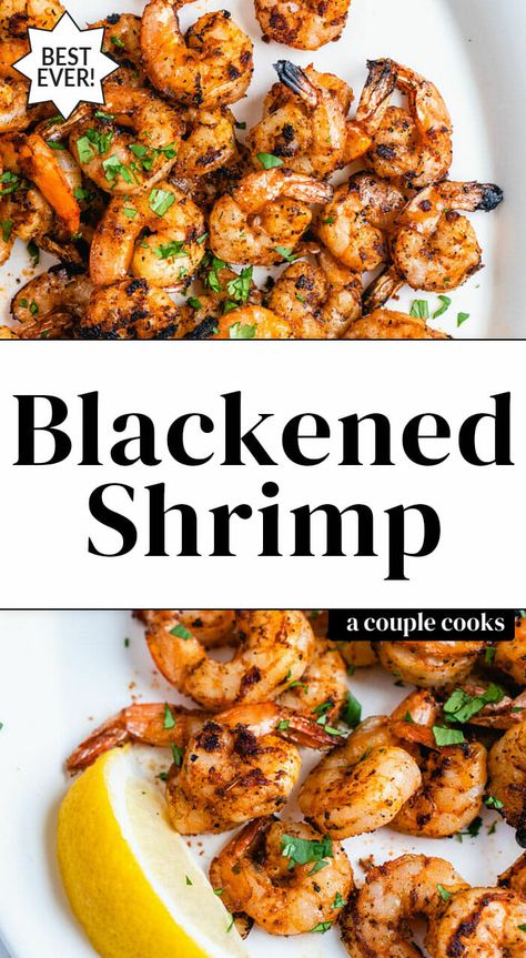 Here's how to make the best blackened shrimp, full of Cajun flavor! It's fast to cook on the grill or stove for an easy, healthy dinner. #shrimp #blackened #blackenedshrimp #easyshrimp #healthyshrimp #shrimprecipe #cajunshrimp #cajun Healthy Dinner Shrimp, Shrimp Blackened, Dinner Shrimp, Grilled Peppers And Onions, Sea Foods, Blackened Shrimp, A Couple Cooks, Vegan Recipes Plant Based, Easy Healthy Dinner