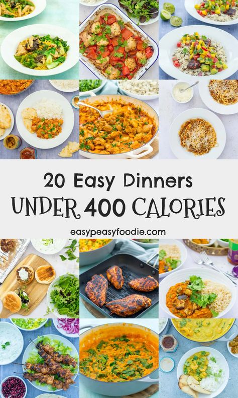 Want to cut down on your calories but still eat well? These 20 easy dinners are all under 400 calories per portion, but are packed with flavour, easy to make and family friendly too (so no more having to cook separate meals!) #under400calories #400caloriedinners #lowcalorie #lowcaloriedinners #easydinners #healthydinners #easypeasyfoodie #cookblogshare Under 400 Calorie Dinner, 400 Kcal Meals, Dinner Under 400 Calories, Calorie Counted Meals, 600 Calorie Dinner, Lady Shake, 400 Calorie Dinner, 600 Calorie Meals, 500 Calorie Dinners