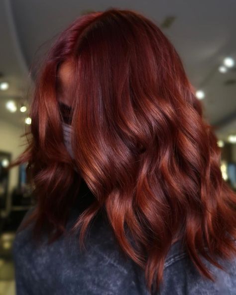 Soft Wine and Auburn Hair Color Fall Reds Hair Color, Red Hair All Over Color, All Over Red Hair Color Ideas, Box Dye Auburn Hair, Levels Of Red Hair Color, Red Violet Copper Hair, Vibrant Auburn Hair Color, Color Red Hair Ideas, Hair Color Dark Red Brown