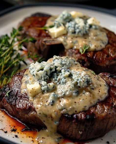 Ribeye Steaks with Blue Cheese Sauce Blue Cheese Steak Sauce, Cheese Sauce For Steak, Crusted Steak Recipe, Steaks Recipes, Steak With Blue Cheese, Ribeye Steak Recipes, Beef Tenderloin Recipes, Roasted Beef, Blue Cheese Sauce