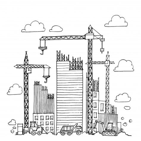 Urban construction, building sketch. Pre... | Free Vector #Freepik #freevector #business #city #building #construction Construction Drawings Art, Future City Drawing Easy, Construction Sketch, Construction Drawing, Construction City, Construction Art, Library Icon, Cartoon Building, Graphic Facilitation