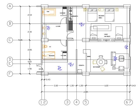 Autocad Plan With Dimension, Building Plan Drawing, Floor Plan With Dimensions, Bar Counter Design, Layout Plan, Building Elevation, House Layout Plans, House Layout, Drawing Block