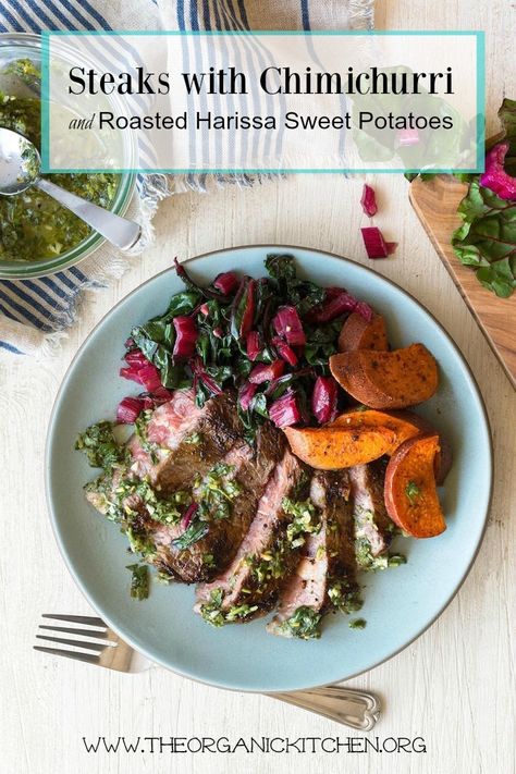 Steaks with Chimichurri and Roasted Harissa Sweet Potatoes | The Organic Kitchen Blog and Tutorials Chimichurri Recipes, Sunbasket Recipes, Steak Dinner Recipes, British Cooking, Fast Meals, Beef Meals, Chicken Casseroles, Easy Sheet Pan Dinners, College Meals