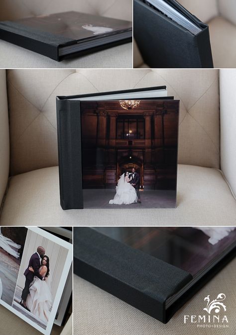 **Eternal Collection** Wedding Album (10x10) - wrapped in Delancey NL Black with acrylic cover photo. Album features spine imprinting with Names (All upper case in Modern font). Photography + Design by Femina Photo + Design, crafted by Renaissance Albums (www.feminaphoto.com) Wedding Photo Album Cover, Wedding Photo Album Book, Photo Album Cover, Wedding Album Cover Design, Wedding Album Cover, Photo Album Covers, Photo Album Book, Wedding Box, Wedding Albums