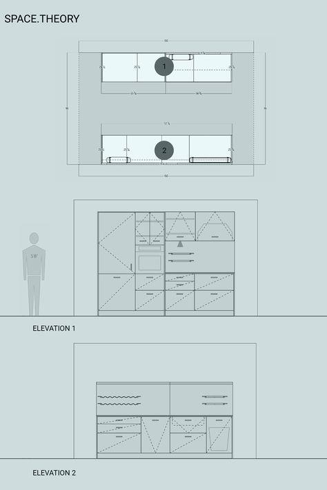 Galley layout kitchens require creative solutions.  Pay attention to the relationship of the cooking, storage, and cleaning spaces.  The aisle width should be sutible for at least two people to work comfortably.  Space Theory kitchen cabinets are great for studio apartments, cottages, ADUs, and mother-in-law units.  The drawing is a plan and elevation of a small galley kitchen. Small Kitchen Double Galley, Narrow Gallery Kitchen, Small Double Galley Kitchen Layout, Double Galley Kitchen Design, Kitchen Double Galley, Small Galley Kitchen Layout, Double Galley Kitchen Layout, Double Galley Kitchen, Kitchen 2025