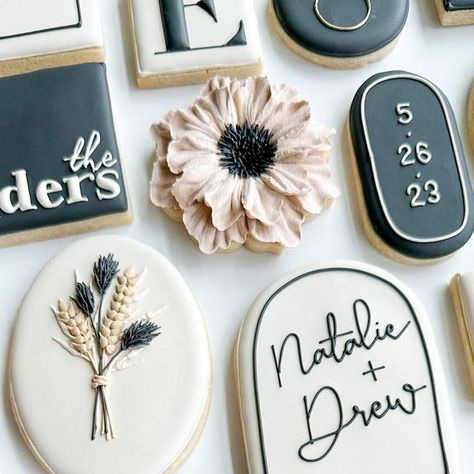 Moody Wedding Cookies, Engagement Cookies Black And White, Black And White Cookies Wedding, Wedding Cookies Black And White, Couples Shower Cookies Decorated, Modern Wedding Cookies, Bridal Brunch Cookies, Bride Or Die Cookies, Black And White Birthday Cookies